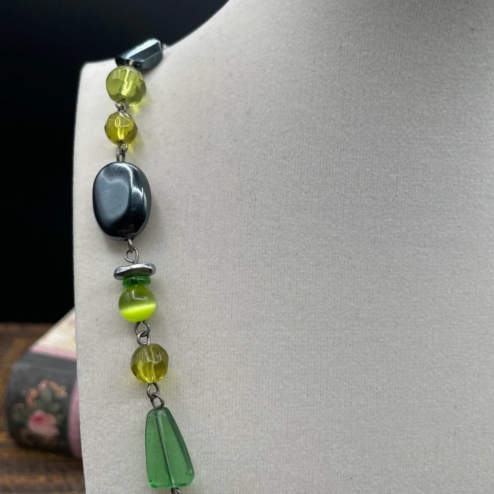 Silver-Tone Green‎ Peridot Tourmaline Station Statement Beaded Lobster Necklace
